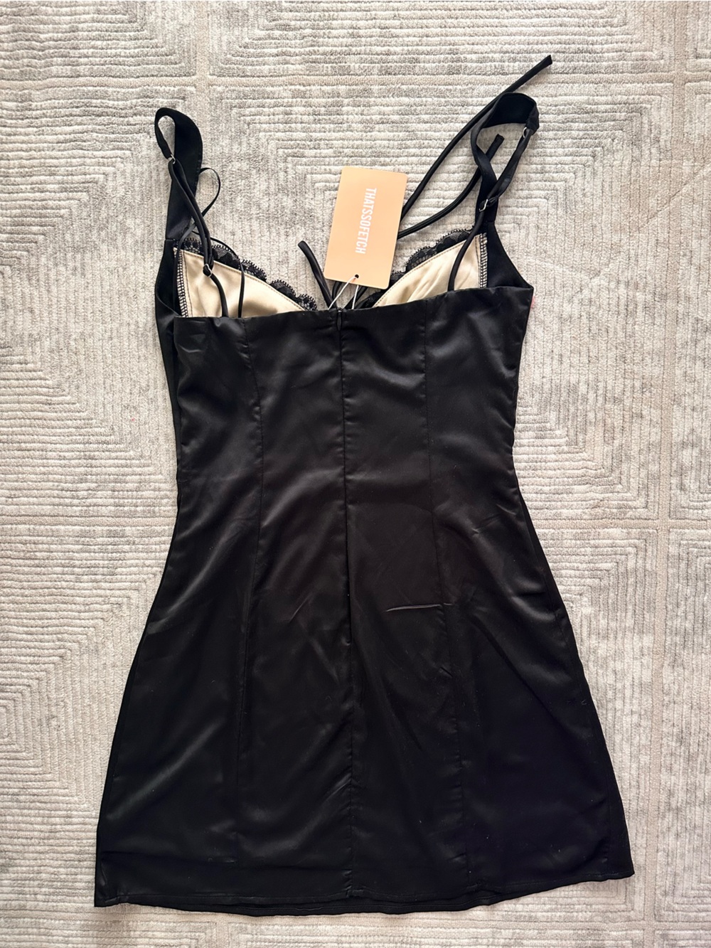 Black Lace-Trim Satin Mini Dress - Picture 5 of 6